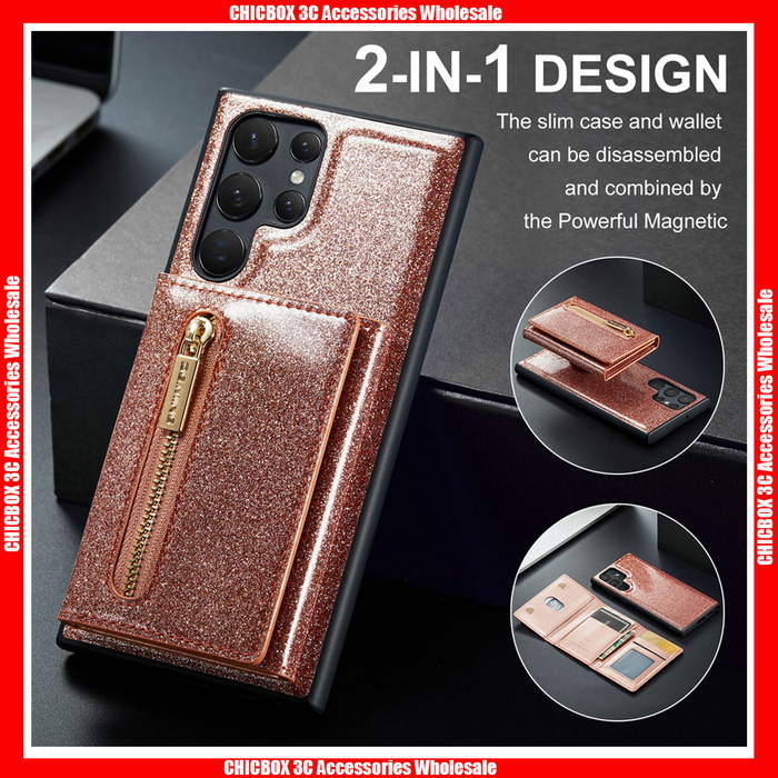 For Samsung S&N Series DG.MING M3 Series Shiny Powder 3 Fold Movable Zipper Wallet Bag with Magnetic Suction Leather Back Case