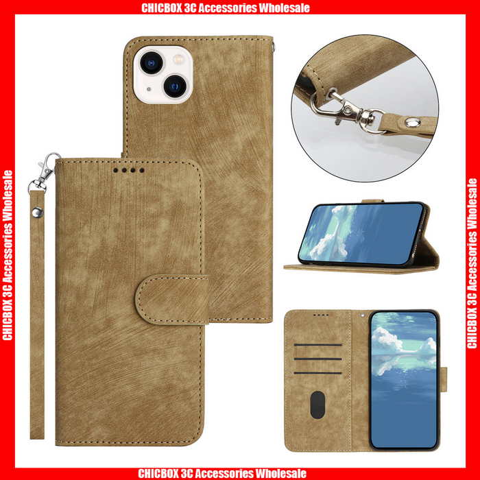 For iPhone Pure Brushed Color Card Slots Magnetic Buckle Leather Wallet Case with Hand Strap