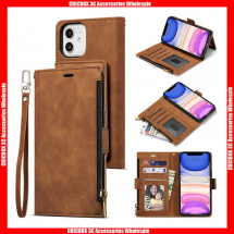 For iPhone Zipper Wallet Card Slots Leather Case with Card Slots Magnetic Adsorbing Back Bag and Hand Strap